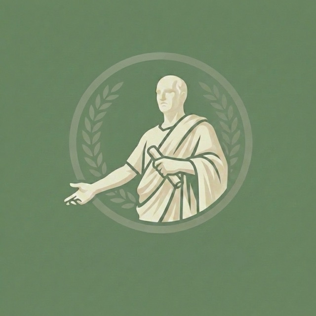 Cicero's emblem: an orator in a toga holding a scroll, framed by laurel